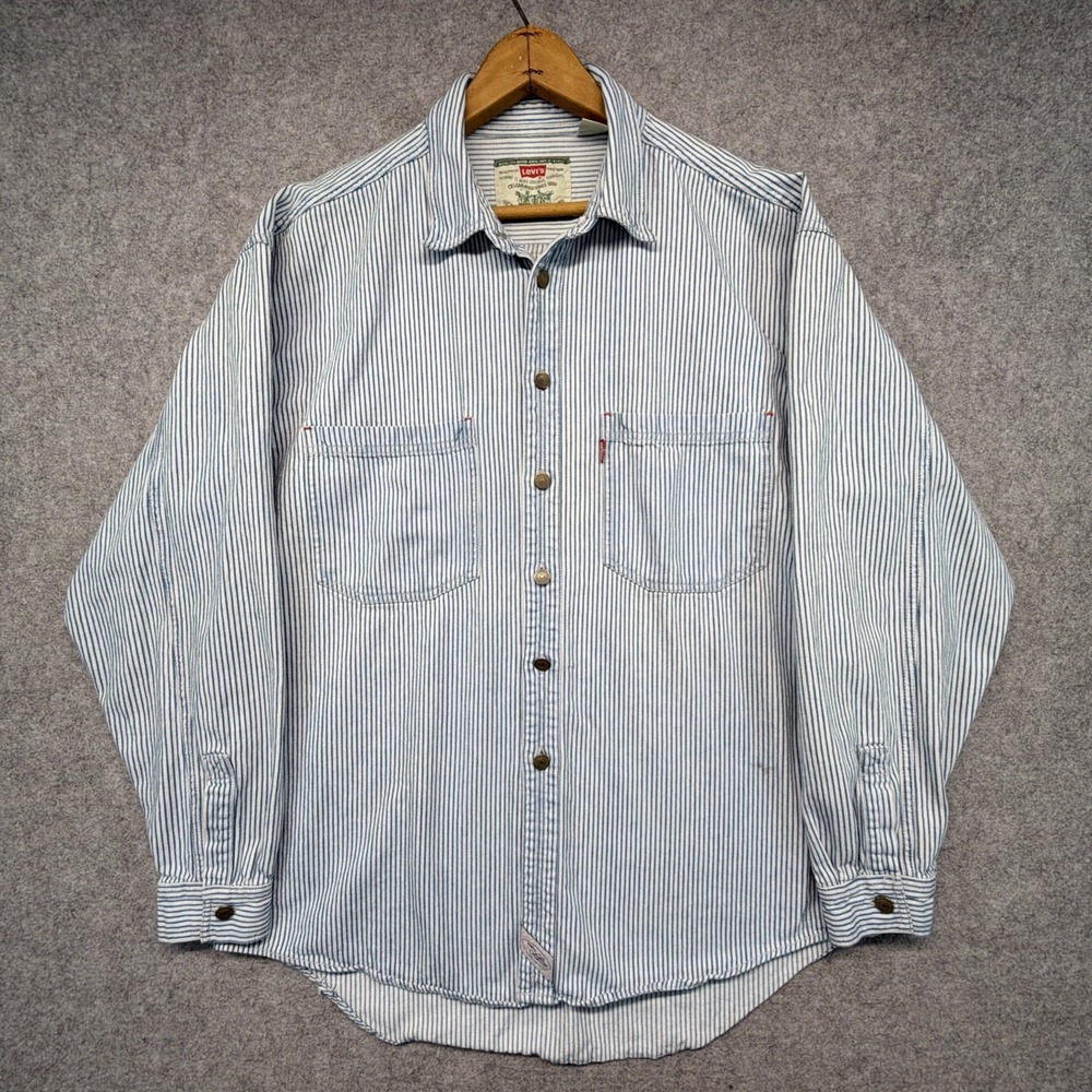 Levis Denim Shirt Mens Large Hickory Stripe Metal Button Down Workwear